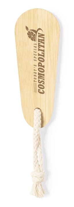 A wooden nail file with a natural finish, featuring a rope handle and branding on the surface.
