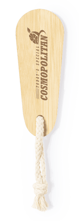 A wooden nail file with a rounded end, featuring a natural finish and a braided rope handle.