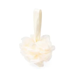A shower puff in soft white, featuring a fabric strap for hanging. It has a fluffy, layered texture.
