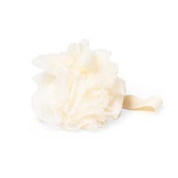 A white bath loofah with a ribbon, designed for personal care. It has a fluffy, flower-like appearance.