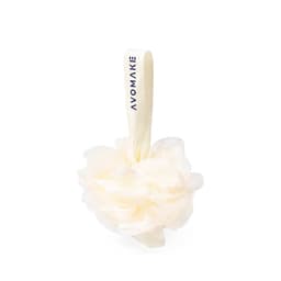 A shower puff in soft white, featuring a ribbon handle with branding.
