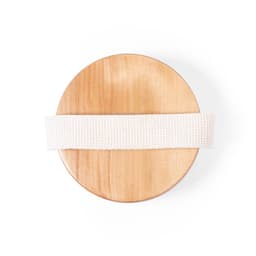 A round wooden product with a white fabric strap across the centre. It has a smooth, natural finish.