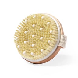 A round natural bristle body brush with a wooden handle and a fabric loop for grip.