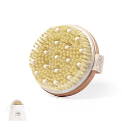 A round body brush with natural bristles and a wooden handle, accompanied by a cream canvas bag.
