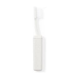 A toothbrush with a white handle and a matching case, featuring a textured surface and a logo.