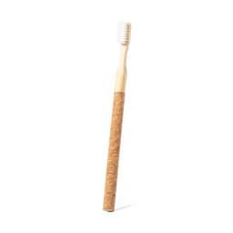 A bamboo toothbrush with a white bristle head and a natural cork handle.