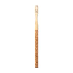 A toothbrush with a bamboo handle and cork grip, featuring a textured head and natural materials.