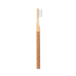 A bamboo toothbrush with a cork handle and white bristles, featuring a simple design.