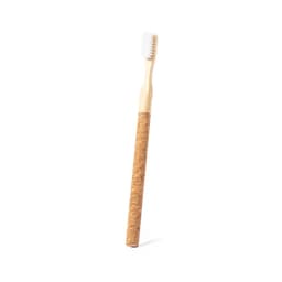 A toothbrush with a wooden handle and a cork grip, featuring soft white bristles.