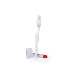 A dental kit featuring a white toothbrush, a tube of toothpaste, and a plastic travel case.