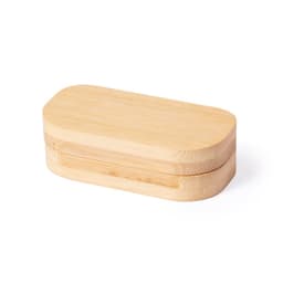 A bamboo case with an oval shape, featuring a smooth natural finish and a simple design. It has a branding logo.