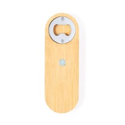 A drink bottle opener with a bamboo body and metal opening mechanism, featuring a circular magnet on the back.