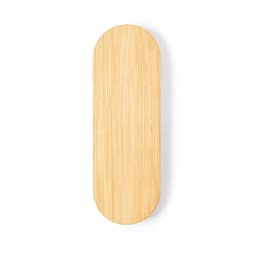 A bamboo keyring bottle opener in a natural light wood finish with an oval shape and a subtle logo design.