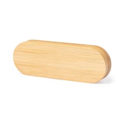 A bamboo bottle opener with a smooth, oval shape. It has a natural wood finish and includes branding.