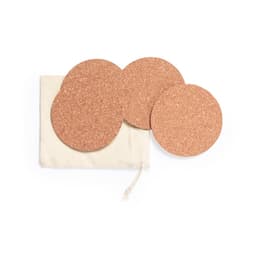 Three round cork coasters in a natural colour, accompanied by a fabric pouch for storage.