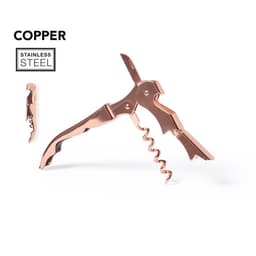 A copper corkscrew opener with stainless steel features and a logo, designed for home use.