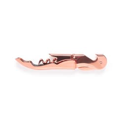 A rose gold corkscrew opener with a sleek design and a bottle opener feature, showcasing a shiny metallic finish.