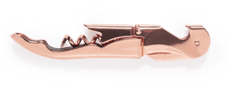 A rose gold corkscrew opener with a sleek design, featuring a bottle opener and spiral corkscrew.