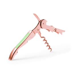 A rose gold corkscrew opener with a green handle, featuring a spiral corkscrew and bottle opener.