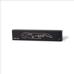 A black corkscrew opener with a gold outline design, presented in a matching box. It features a logo on the packaging.