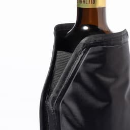 A drink bottle in a sleek black cooler, featuring a zippered design for insulation and protection.