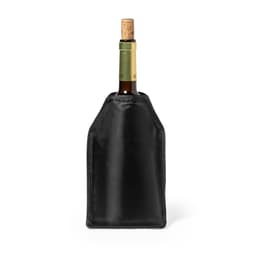 A drink bottle cooler in sleek black fabric, designed to fit a standard wine bottle. Features a cork stopper.