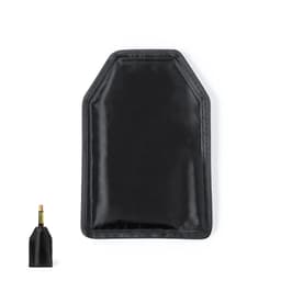 A black drink bottle cooler with a sleek design, featuring a simple logo on the side.