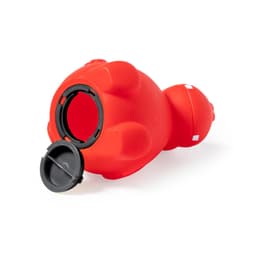 A red hippo-shaped money box with a removable black lid for coin access. It features a smooth, rounded design.