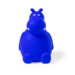 A blue hippo-shaped money box with a smooth surface and small details like eyes and teeth. It features a logo.