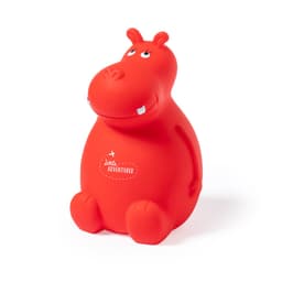 A red hippo-shaped money box with a friendly expression and a logo on the front.
