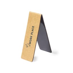 A promotional magnet featuring a brown cardboard design with a black glossy surface and a logo.