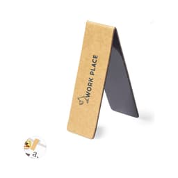 A brown promotional magnet shaped like a tent with a black backside and a logo on one side.