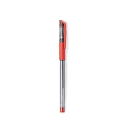 A transparent pen with a bright orange cap and trim, featuring a visible ink cartridge.