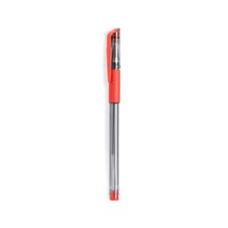 A clear, retractable pen with a red grip and clip, featuring a transparent barrel.