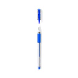 A clear pen with a blue grip and clip, featuring a silver barrel and blue ink.