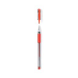 A retractable pen with a clear barrel and vibrant red details, featuring a comfortable grip and a removable cap.