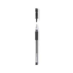 A black pen with a transparent barrel and grip, featuring a clip on the cap.
