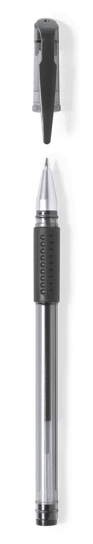 A black pen with a transparent barrel and a textured grip, featuring a clip at the top.