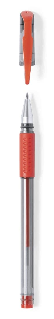 A transparent pen with a red grip and clip, featuring a silver nib and an inner red ink chamber.