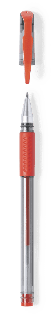 A red pen with a silver clip and detailing, featuring a clear cap. It has a smooth barrel design and a branding logo.