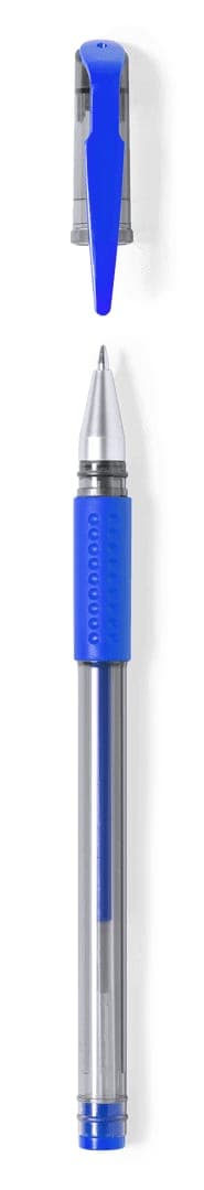 A blue pen with a transparent barrel and a matching clip at the top, featuring a silver tip.