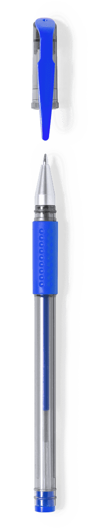A blue pen with a transparent barrel and a blue clip, featuring a sleek design and a logo on its body.