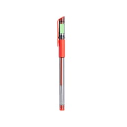 A pen with a clear barrel, red grip, and cap, featuring a logo on the body.