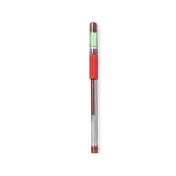 A writing pen with a clear barrel, red grip, and a green highlighter tip. It features a logo on the body.