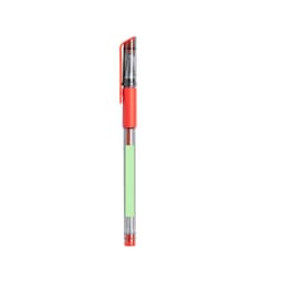 A ballpoint pen with a transparent body, red cap and grip, and a green highlight section. It features a logo on the barrel.