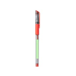A pen with a clear body and an orange grip, featuring a green highlight. It has a clip for attachment.