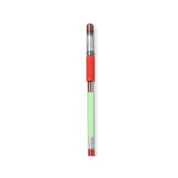 A transparent pen with a red grip and a green highlight, featuring a logo on its body.