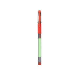 A pen with a transparent barrel, orange clip, and a green ink cartridge. Features a simple design and branding.