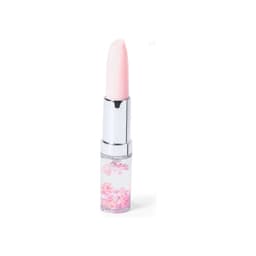 A pink pen with a glossy finish and a clear body filled with pink floral shapes. It has a logo on the side.