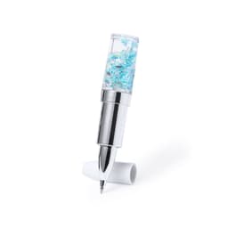 A silver and clear glittery pen with a glossy finish, showcasing blue and white flecks inside.